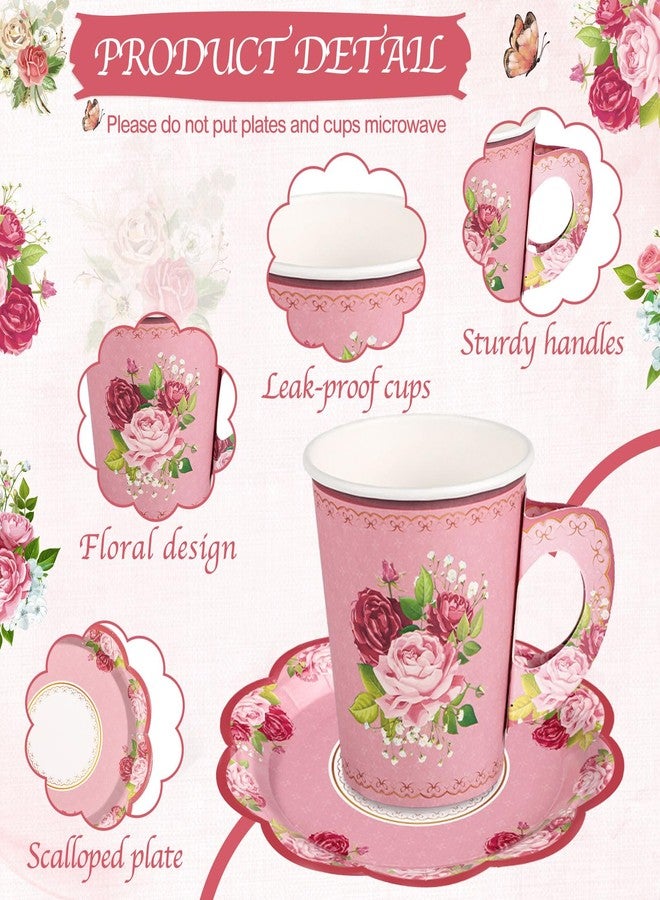 NatNarr 24 Sets Vintage Floral Tea Party Cups 7 OZ Disposable Paper Tea Cups with Handle and Plates Teacups and Saucer Sets for Baby Bridal Shower Wedding Birthday(Vintage Style) - Image 3